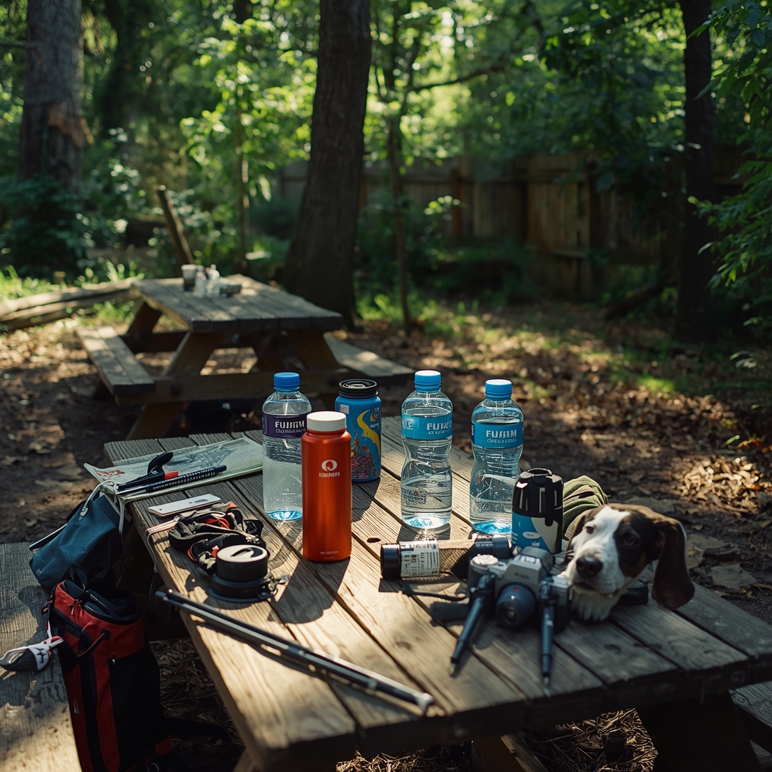 Dog water bottles on a picnic table with hiking gear