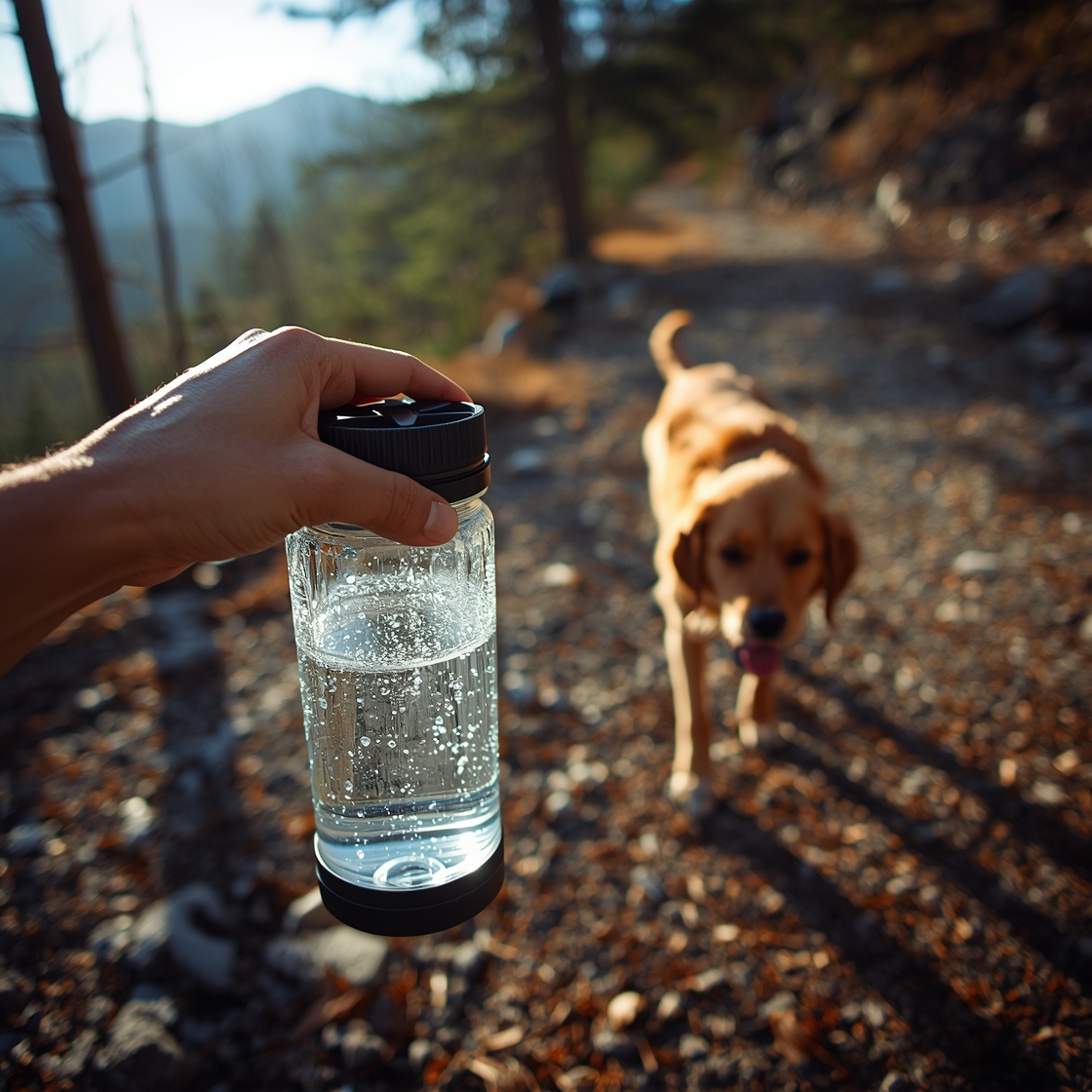Hiker's hand holding dog water bottle beside thirsty golden retriever
