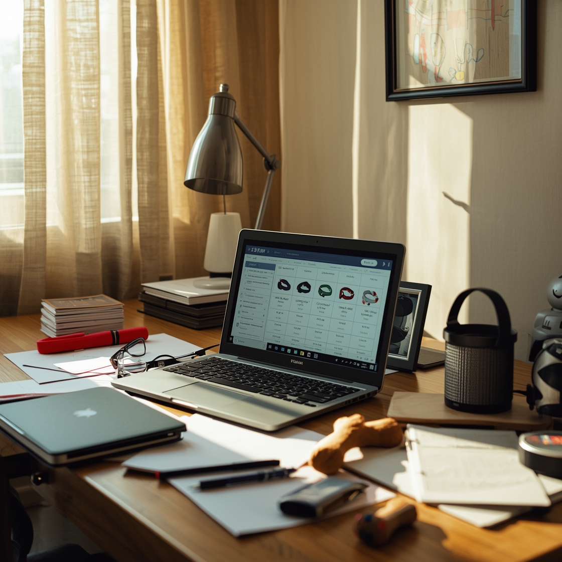 Home office desk with laptop and papers comparing dog collars