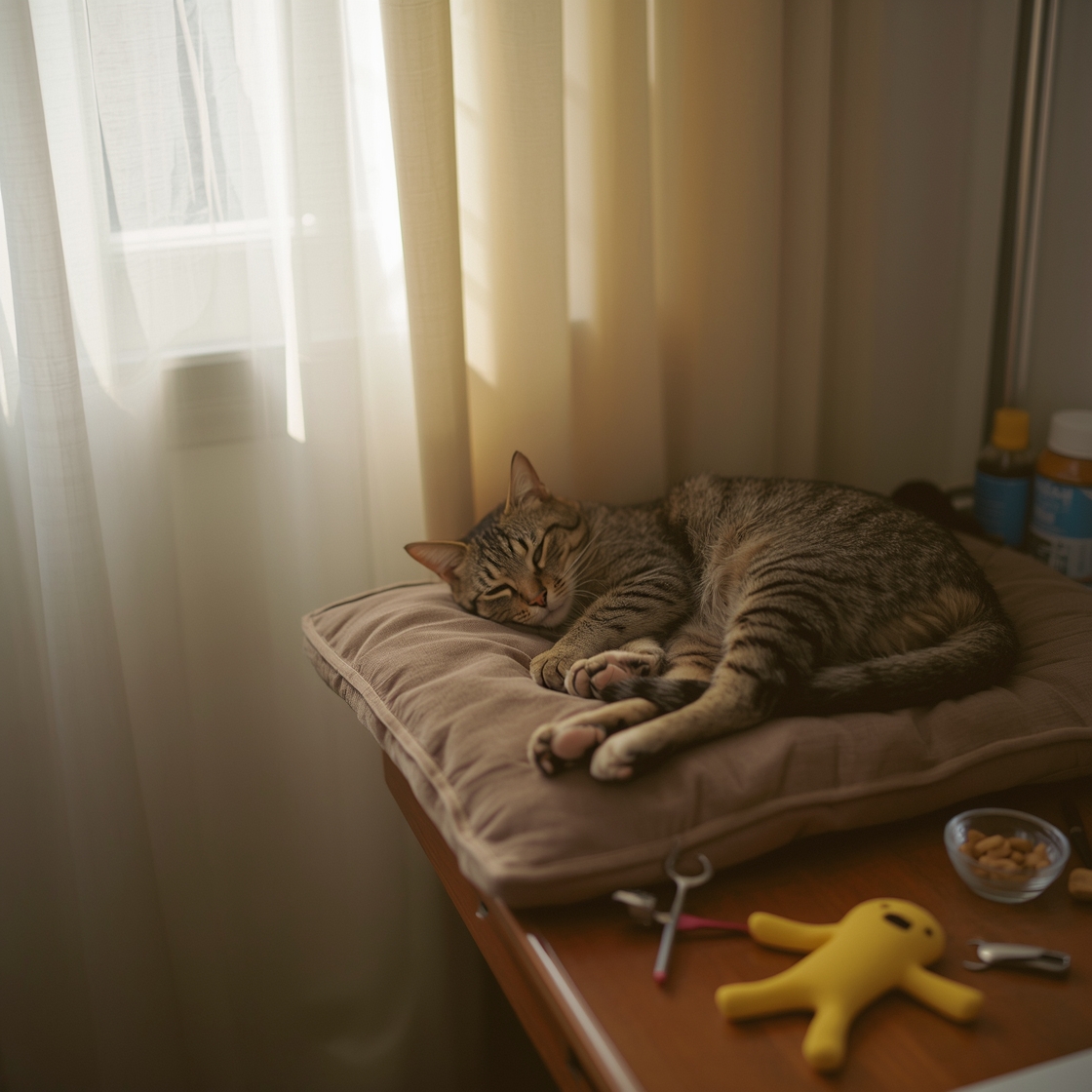 A calm tabby cat with paws extended on a velvet cushion