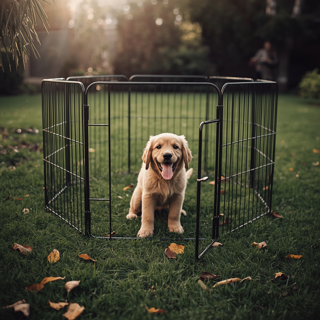 A happy golden retriever puppy playing in a sturdy dog playpen