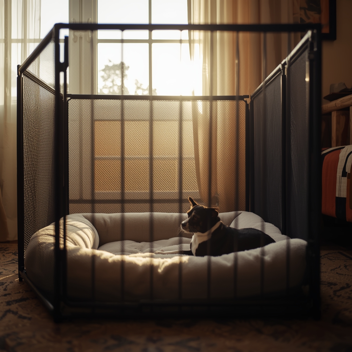 A portable dog playpen in a cozy living room with a cat nearby
