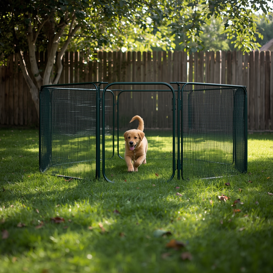 A dog playpen in a backyard with a playful puppy inside