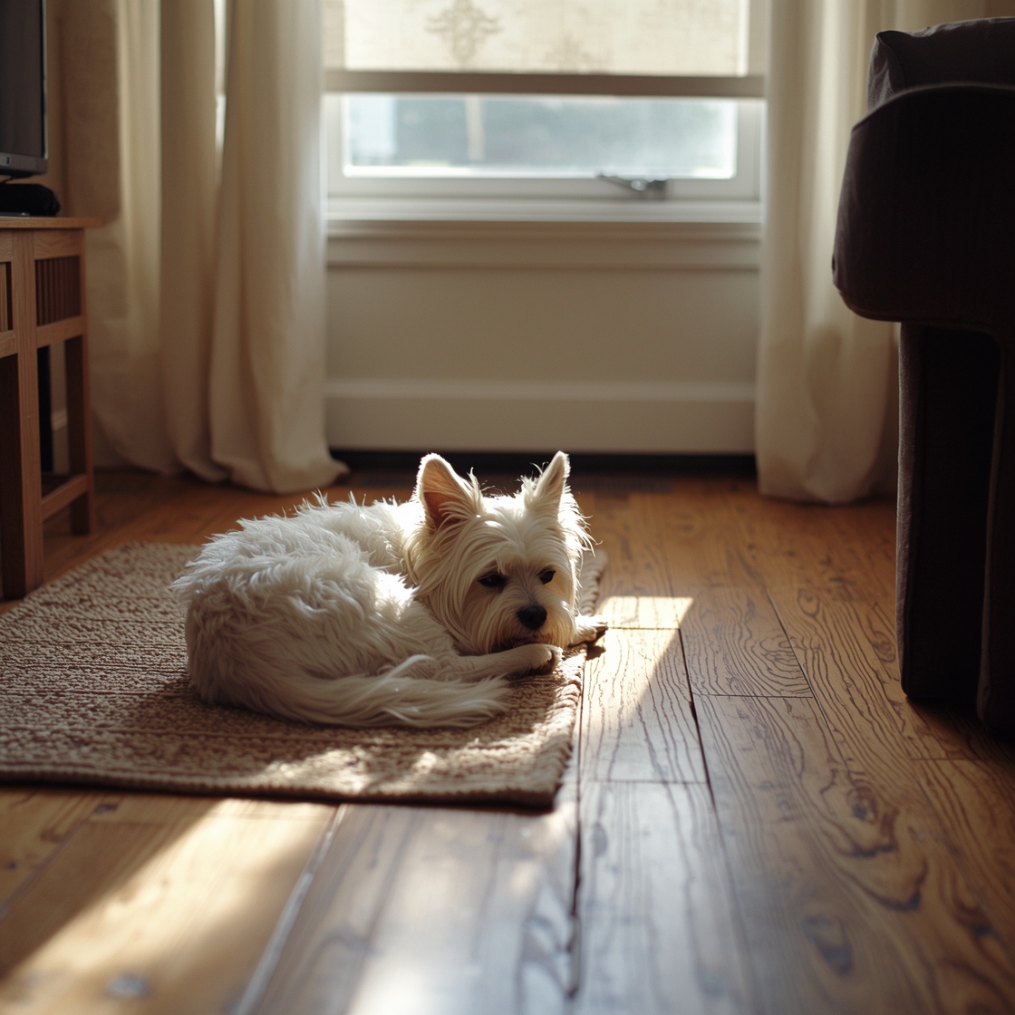 A small, fluffy white dog with light brown patches on a rug