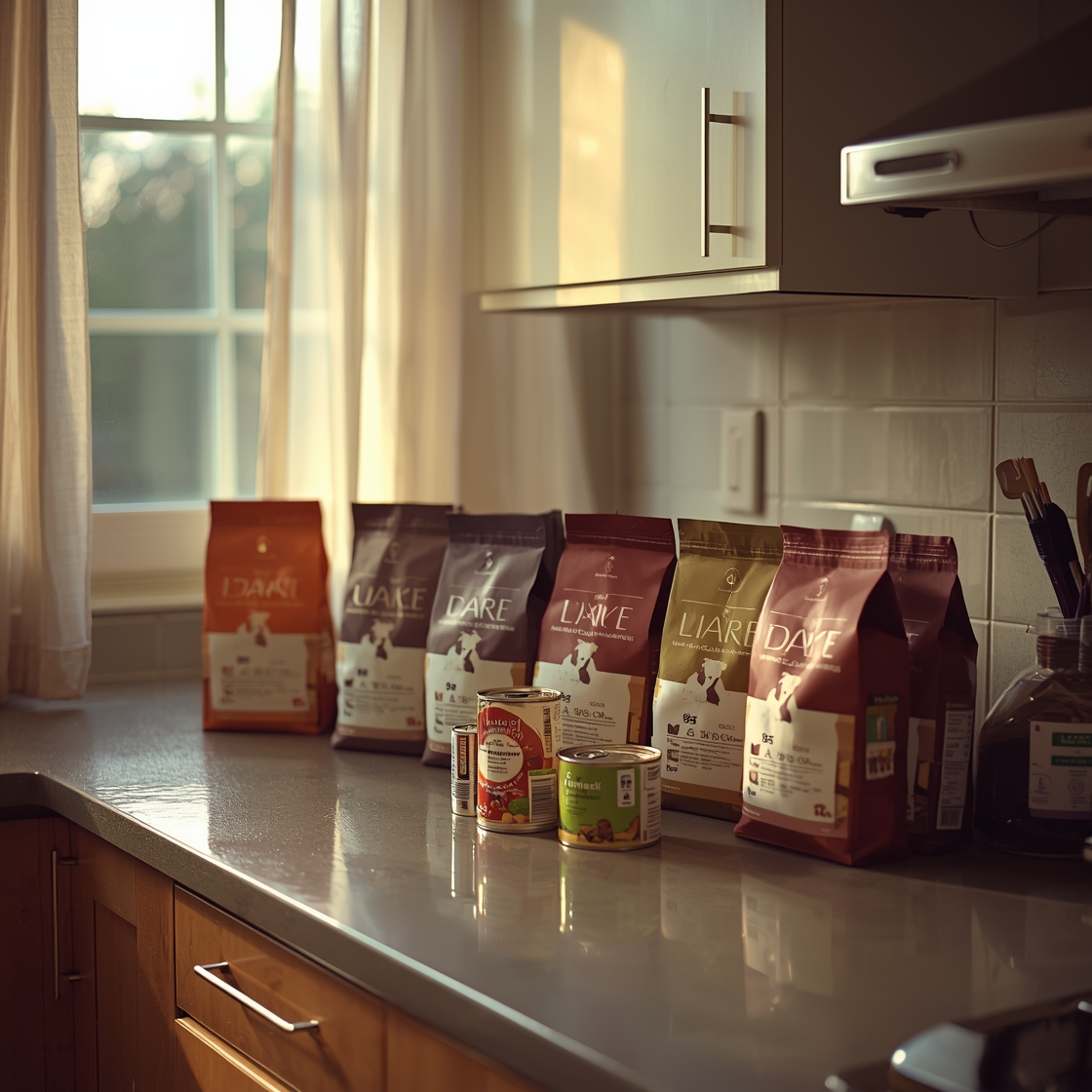 Assortment of hypoallergenic dog food packaging on kitchen counter