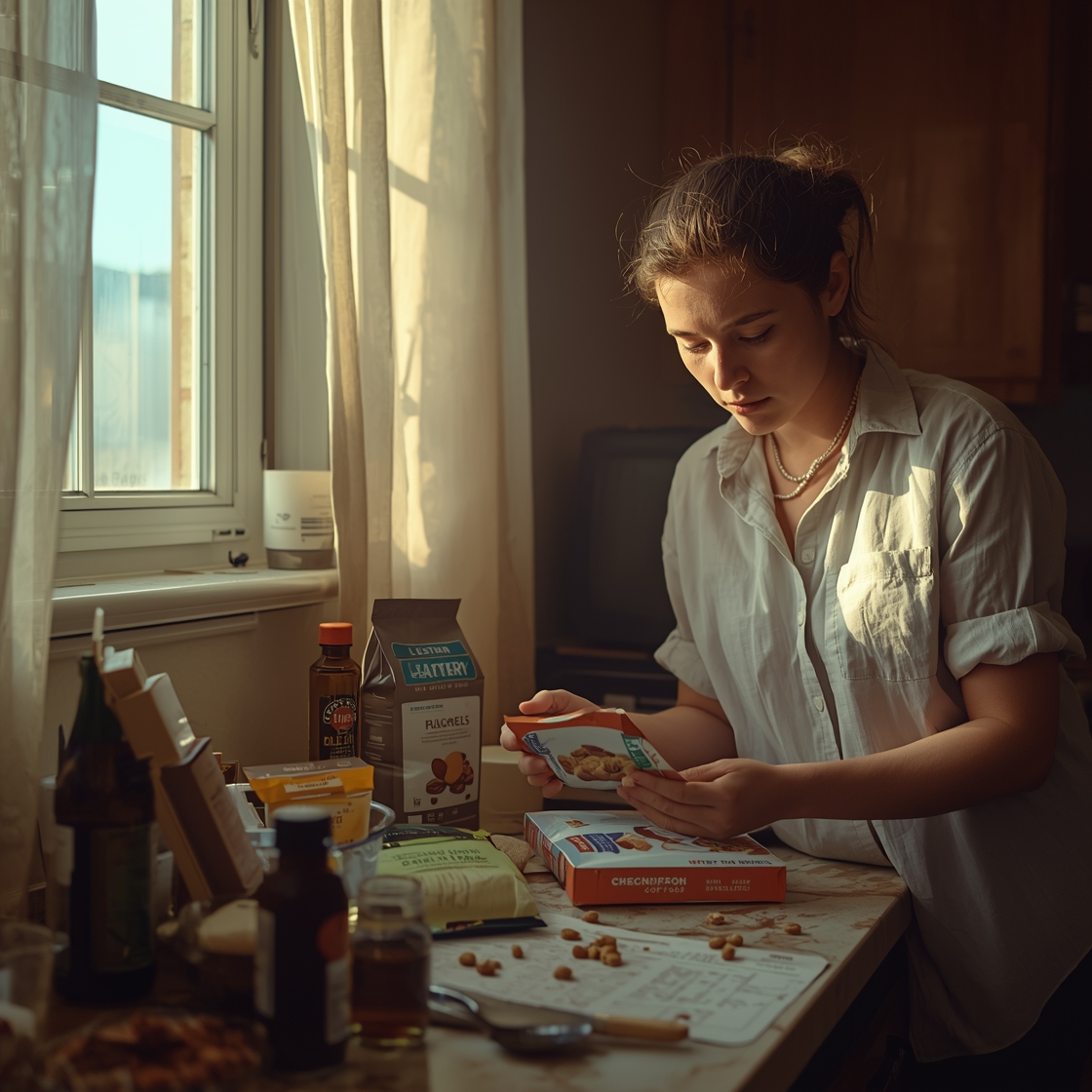 Pet owner reading dog food label in kitchen