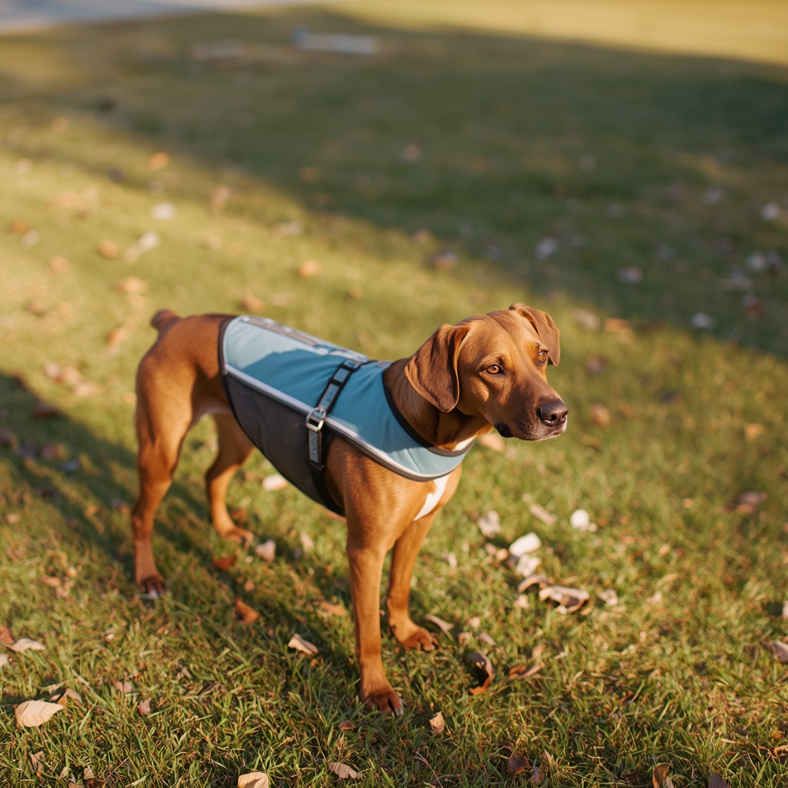 A brown dog wearing a light-blue cooling vest on grass
