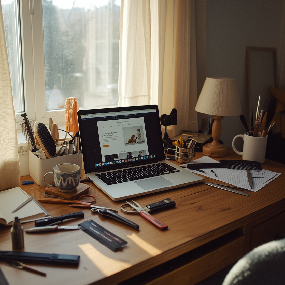 Home workspace with pet grooming tools and laptop