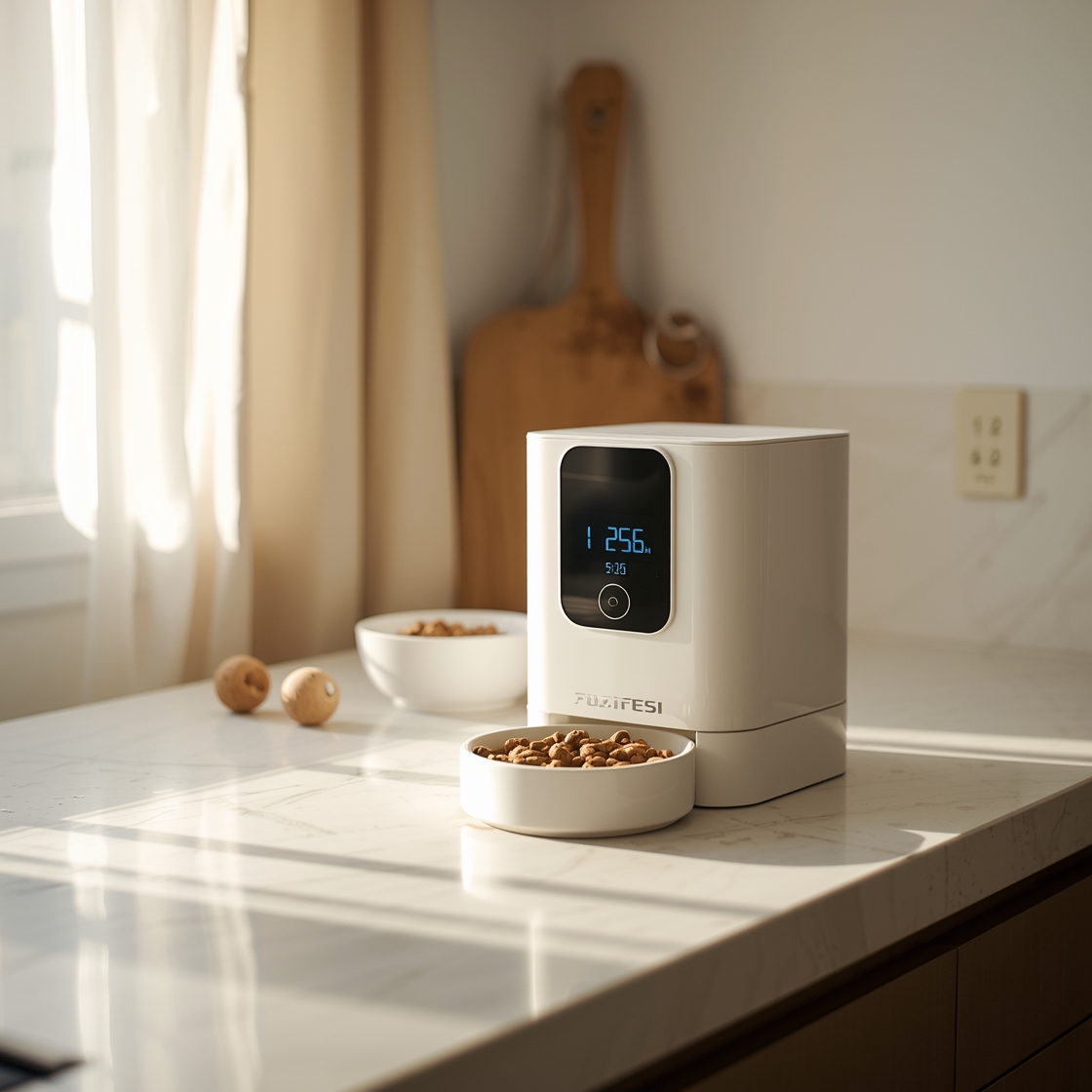 Automatic dog feeder with timer and portion control on kitchen counter