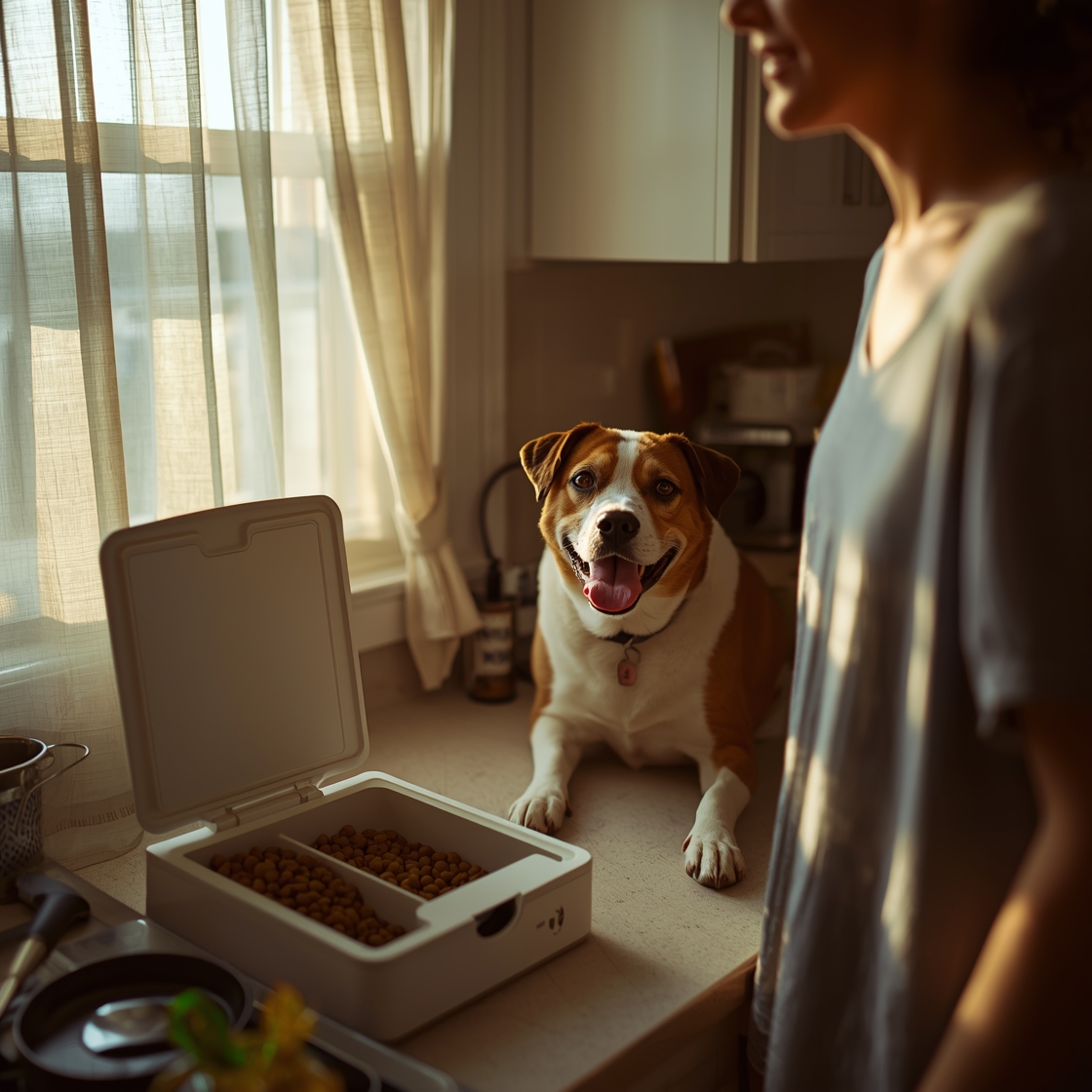 Pet owner and dog with automatic feeder on kitchen counter