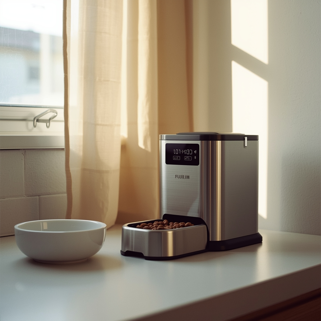 Automatic dog feeder with digital display on kitchen countertop