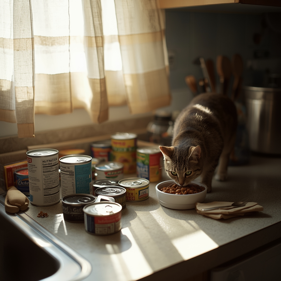 Senior cat eating wet food on kitchen countertop with nutrition labels