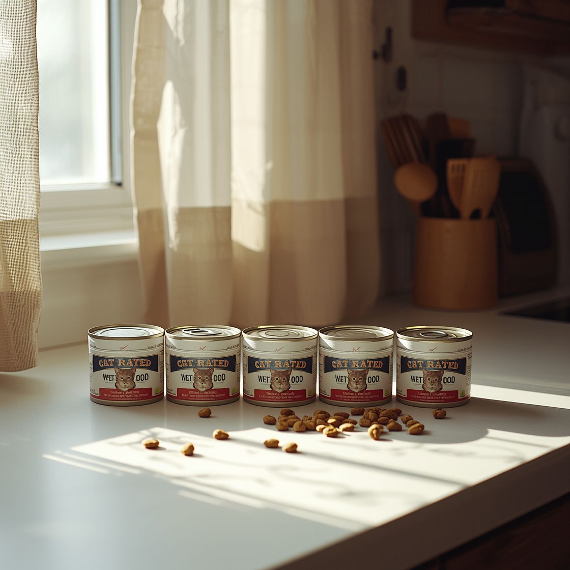 Selection of top wet cat food cans on kitchen countertop