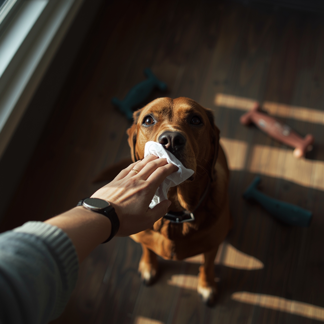 Hand gently wiping Labrador Retriever's paw with dog grooming wipe