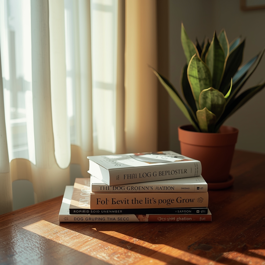 Stack of dog grooming books and articles on wooden desk