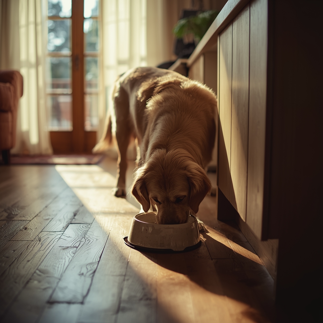 Senior golden retriever eating from ceramic dog bowl on wooden floor