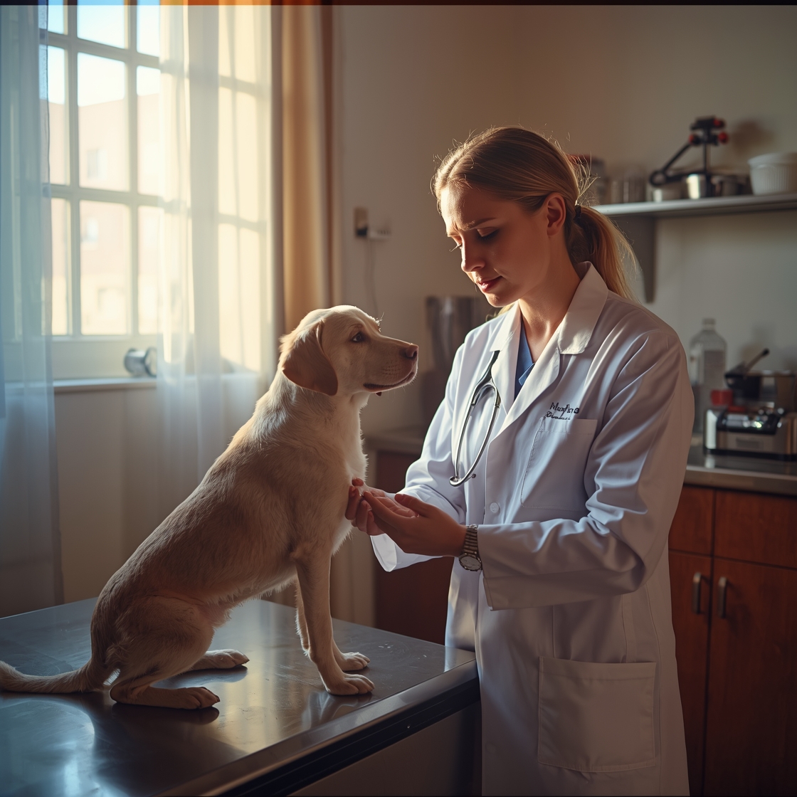 Veterinarian examining senior dog's paw in clinic