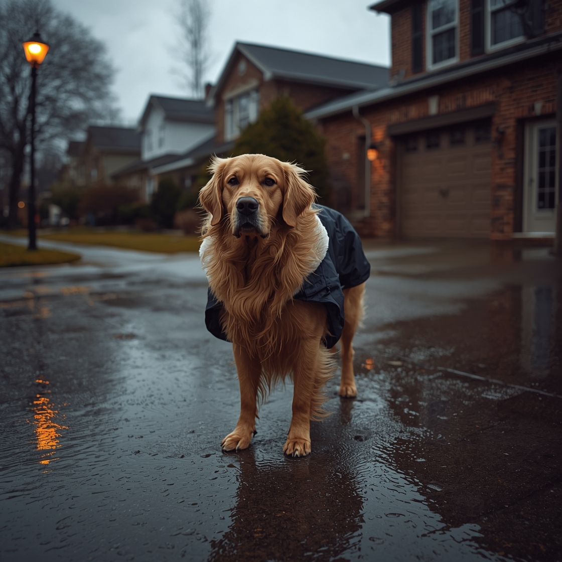 Large wet dog standing on rain soaked driveway