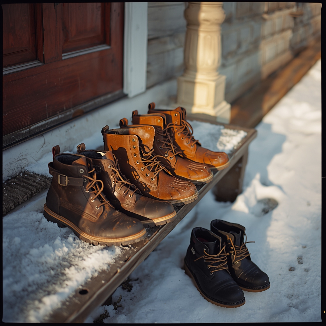 Dog boots arranged on a bench and snowy ground outdoors