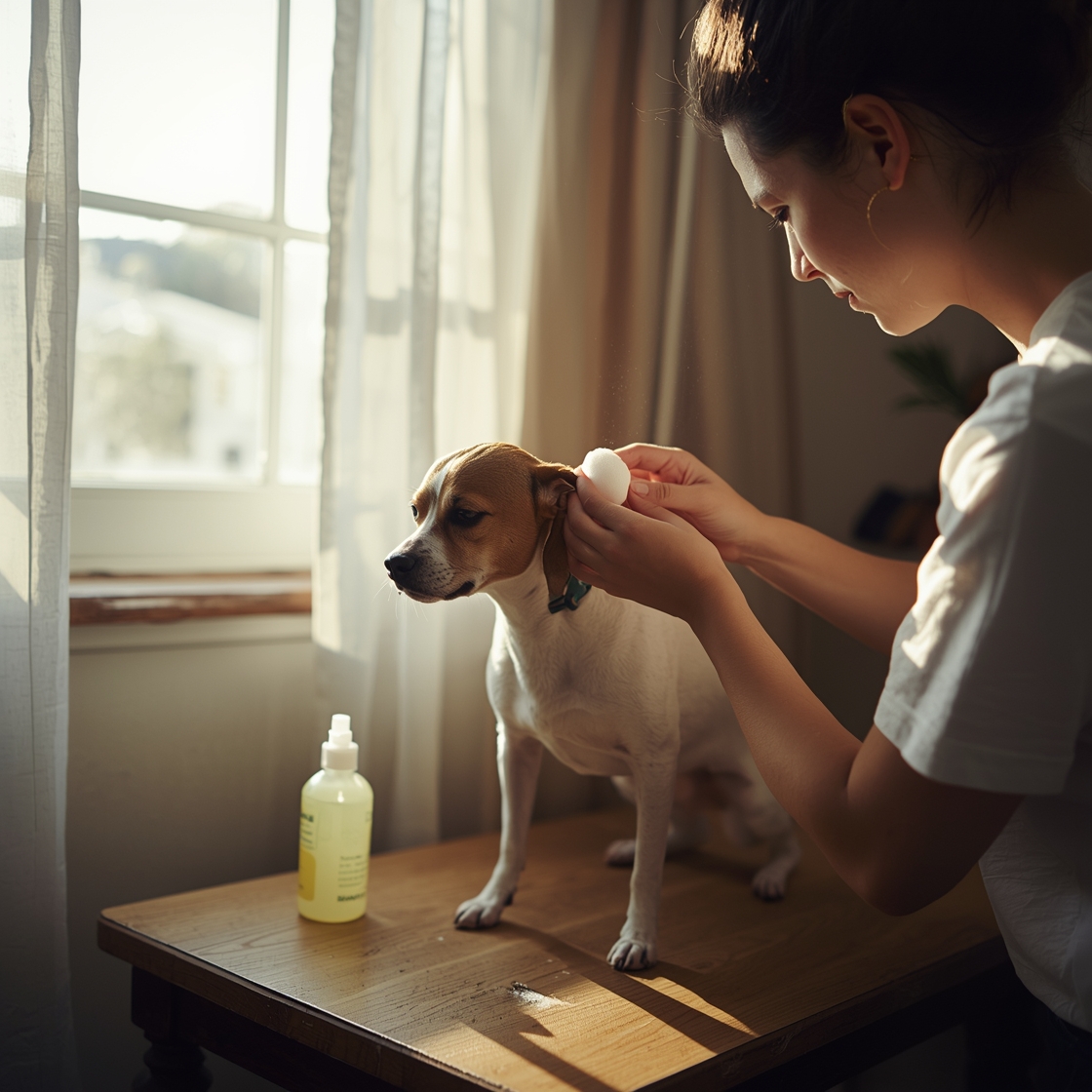 Owner gently cleaning small dog's ears with cotton ball