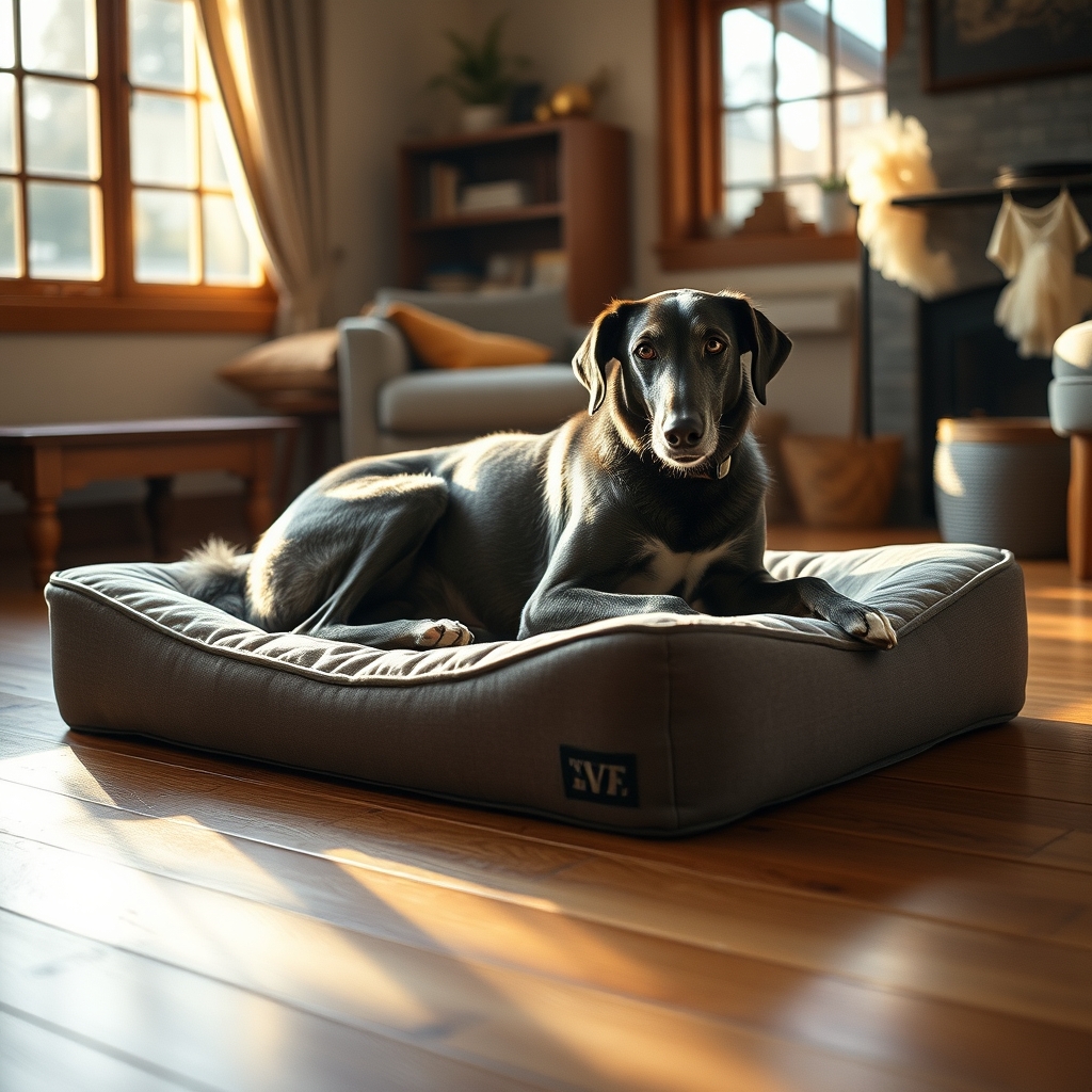 Large Newfoundland dog resting on orthopedic dog bed in living room
