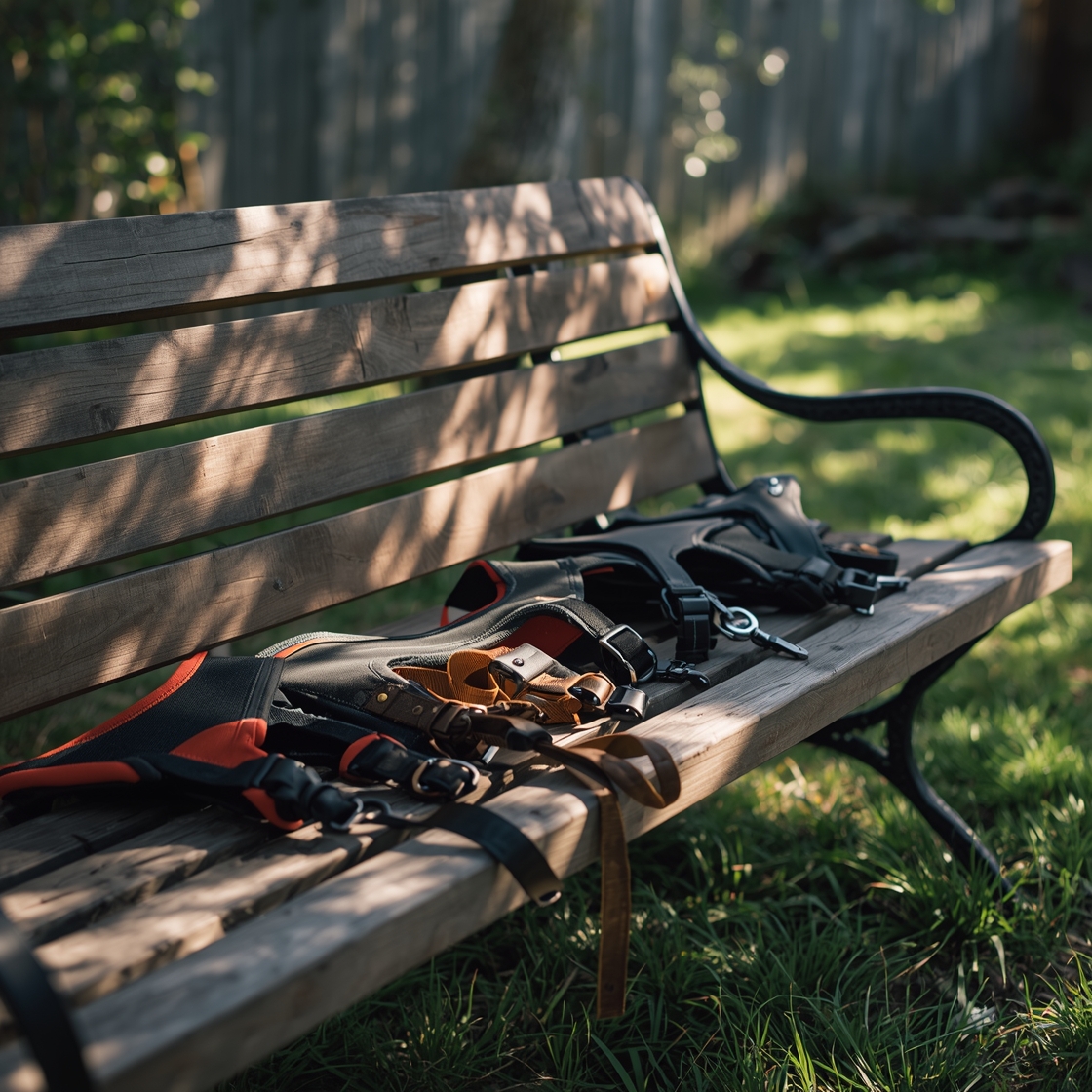 Assortment of dog harnesses for large breeds on wooden bench