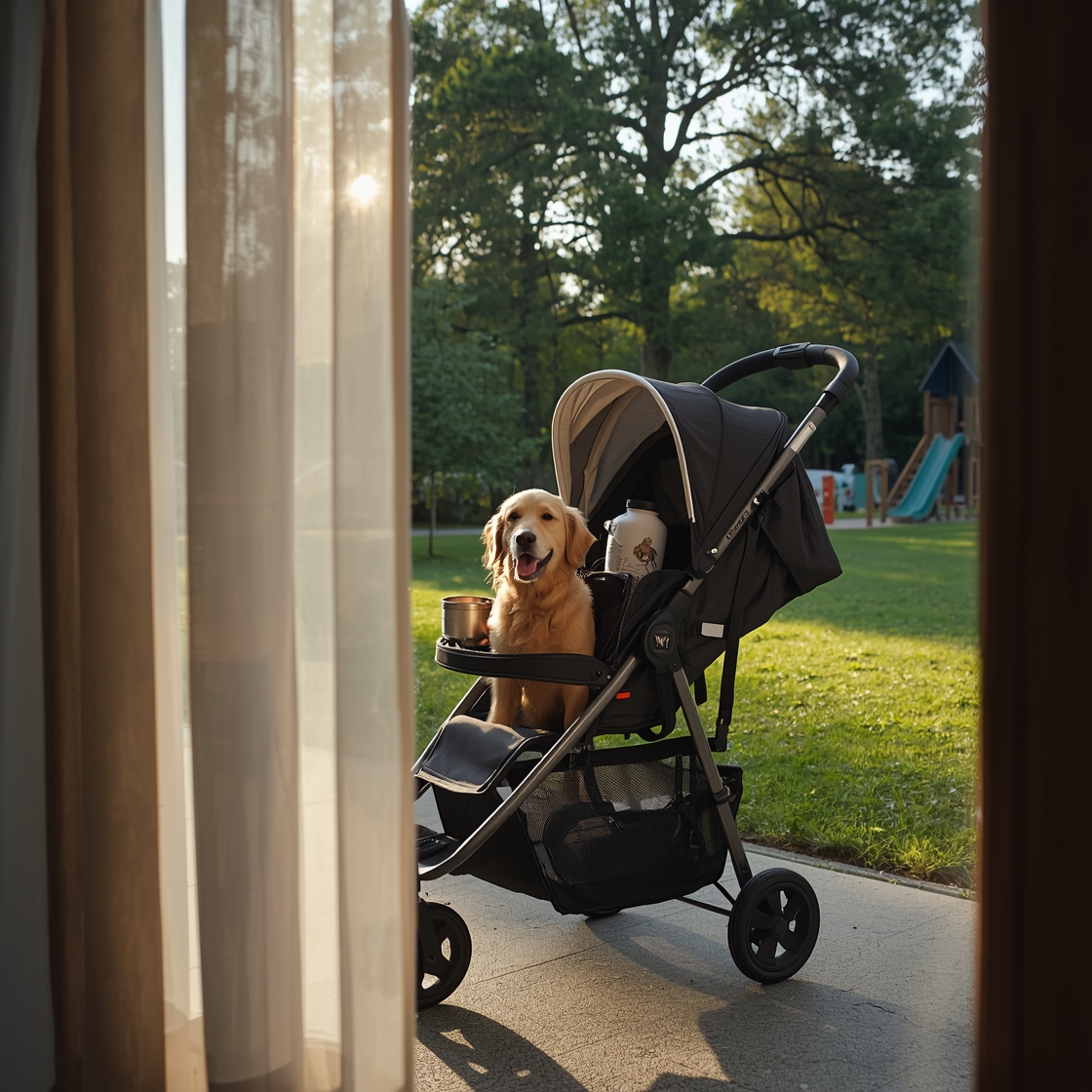 A dog stroller parked on a sidewalk with a happy dog inside