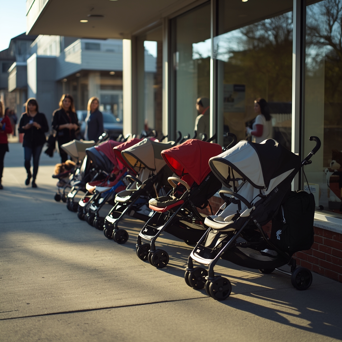 seven dog strollers in various styles on a sidewalk