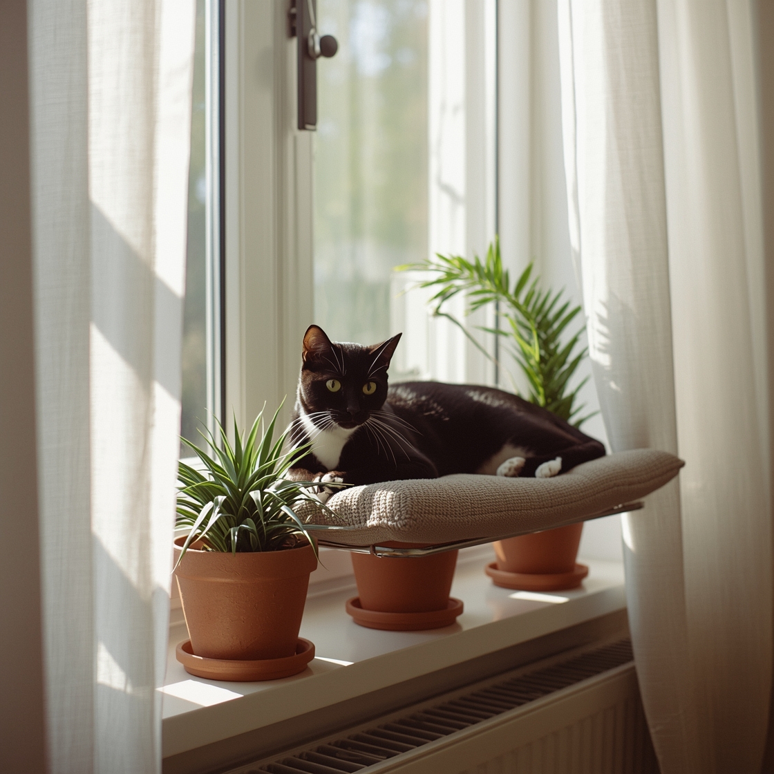 A black cat lounges on a sturdy cat window perch