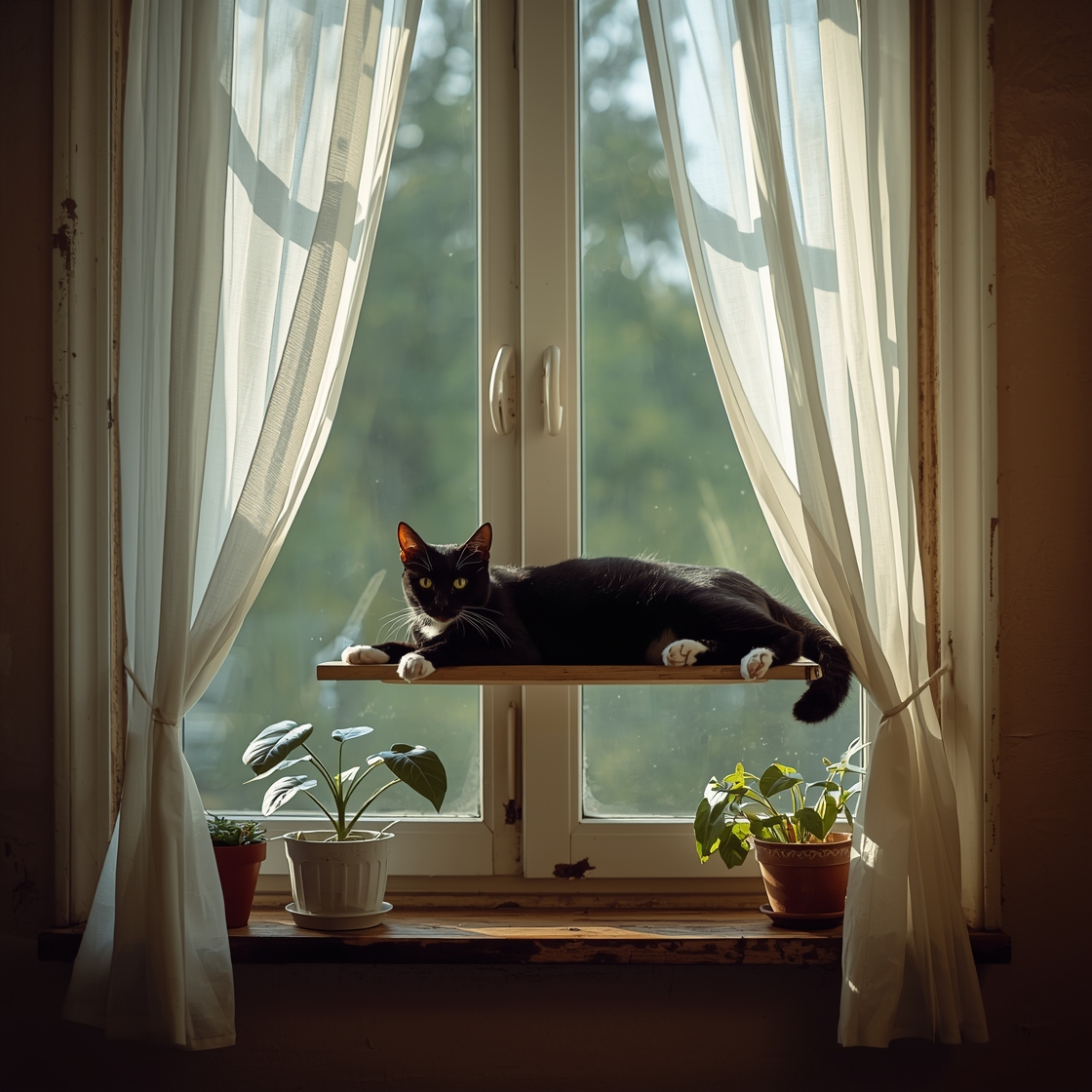 Sturdy cat window perch with black cat and potted plants