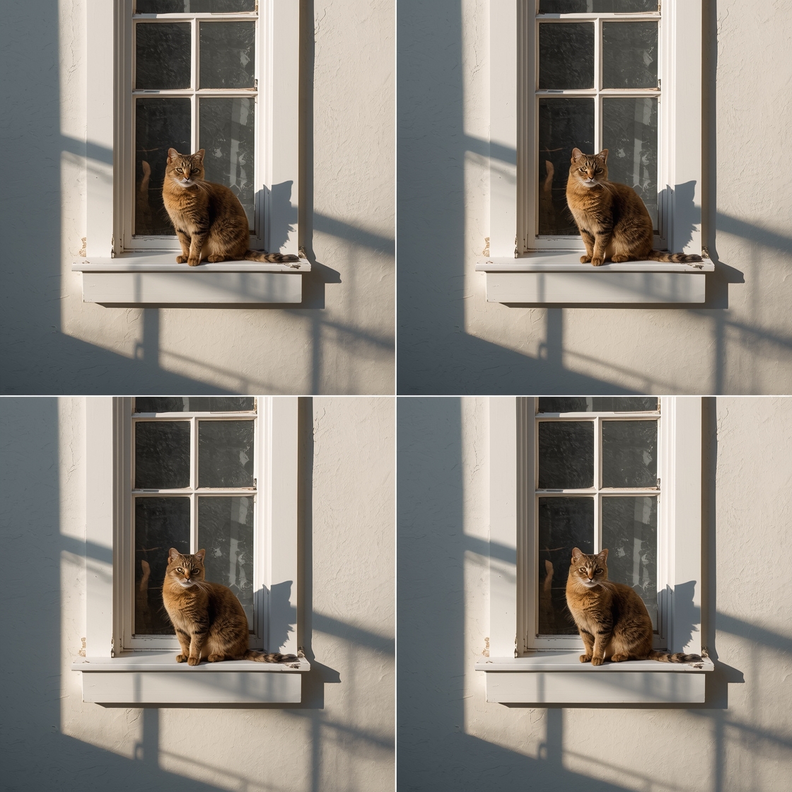 Four cat window perches side-by-side on a window frame