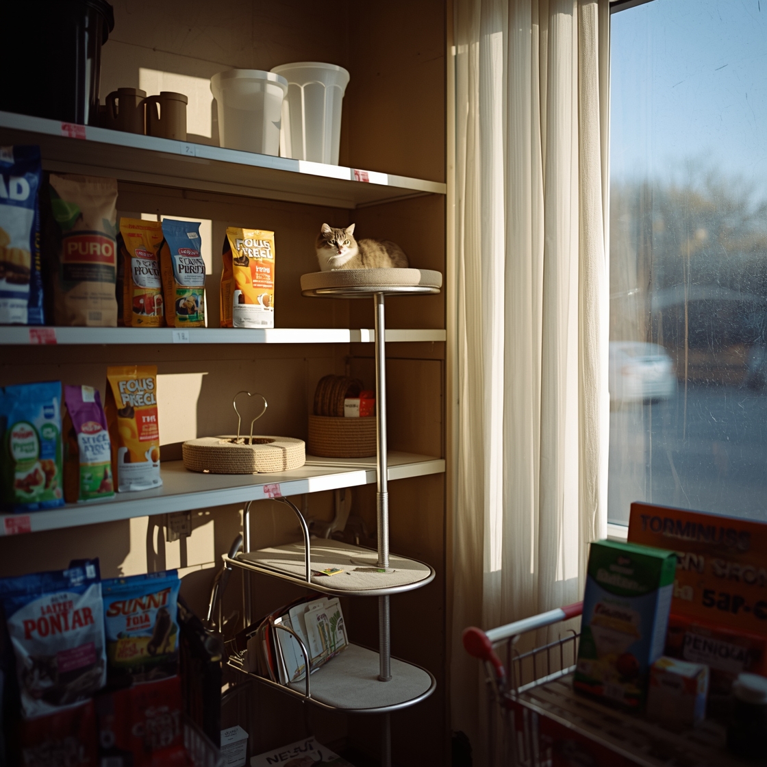 Cat window perches on pet store shelf with various price options