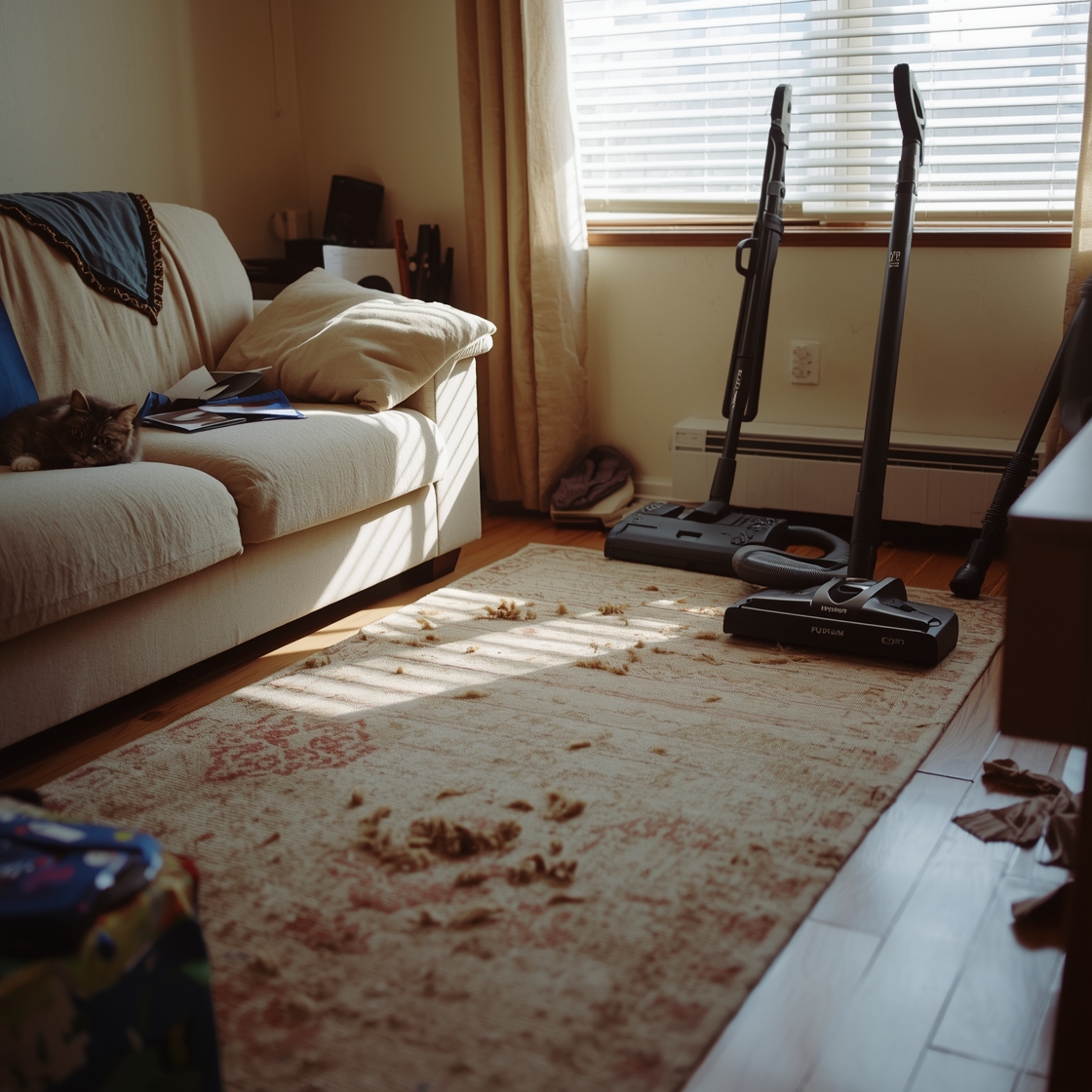 Cluttered living room with pet hair and vacuums