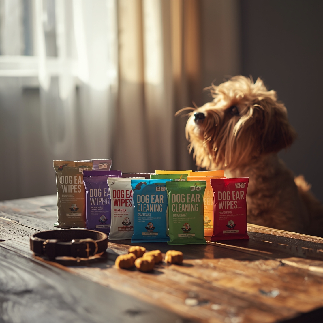 Assortment of dog ear cleaning wipes on wooden table