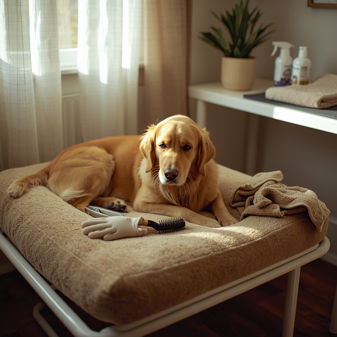 Senior dog surrounded by essential pet grooming tools for sensitive skin
