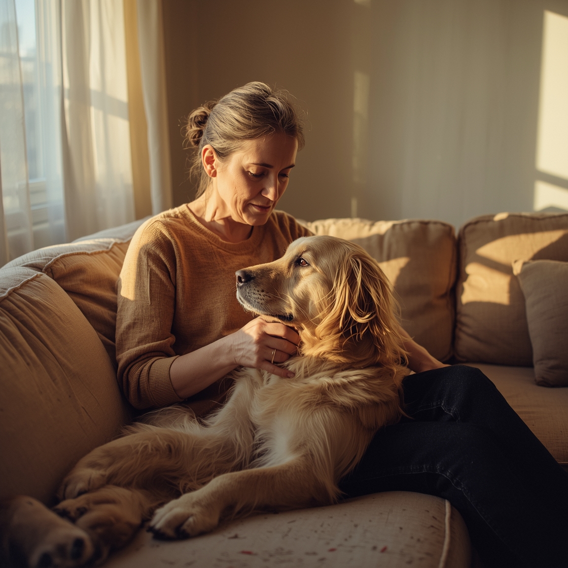 Woman gently grooming senior golden retriever on beige couch indoors