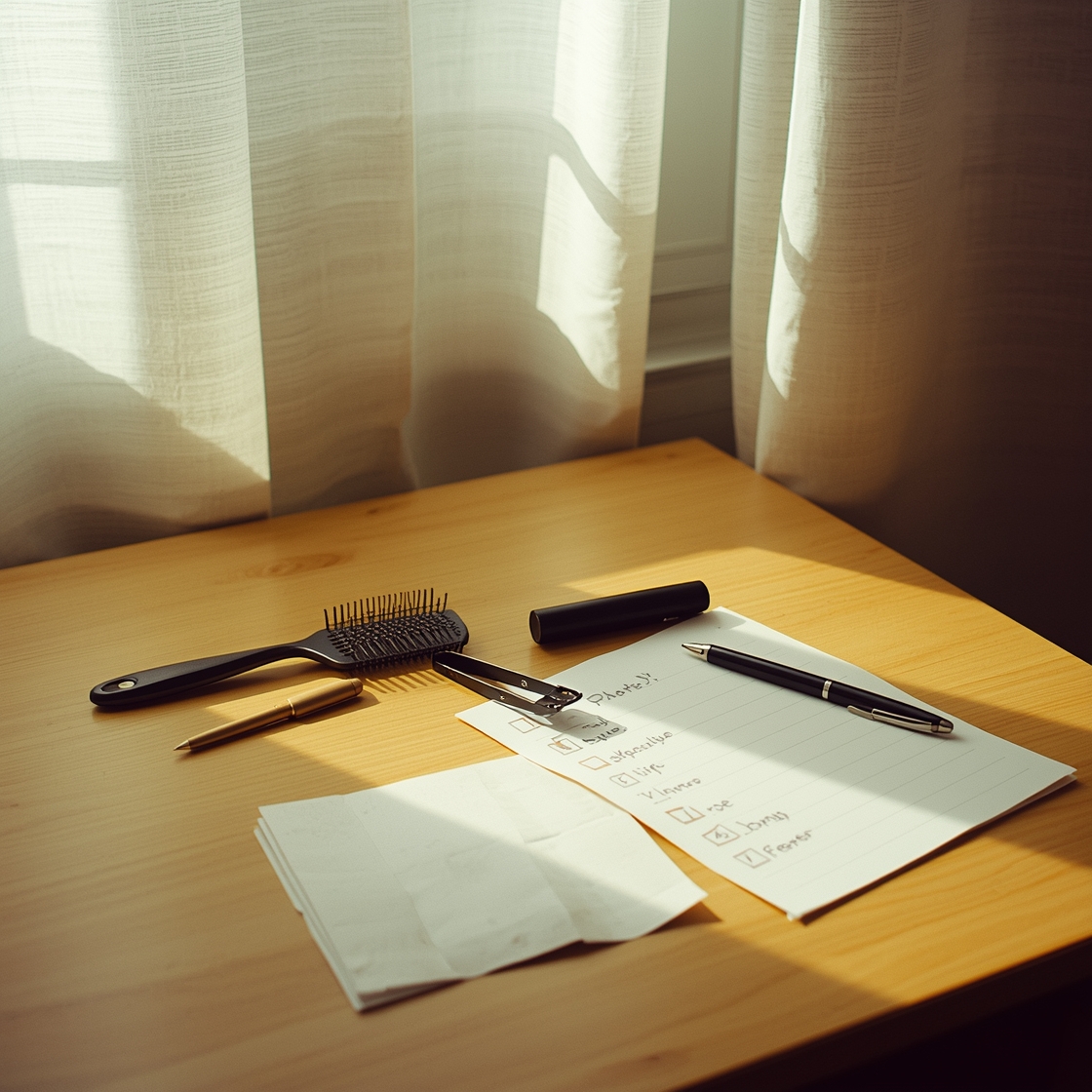 Grooming tools and pros cons notes on a wooden desk