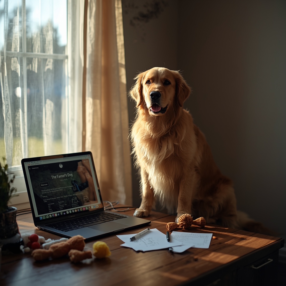 Golden retriever beside laptop with The Farmer's Dog website on screen