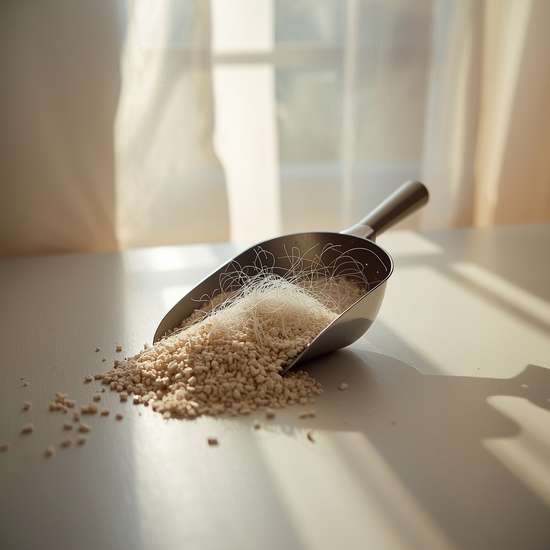 Clumping cat litter scoop with odor-absorbing granules visible