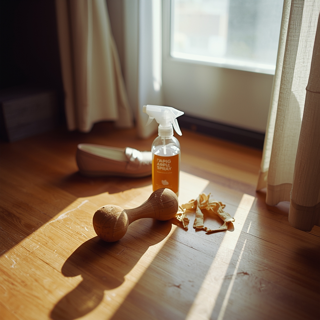 Dog chew deterrent spray and destroyed shoe on wooden floor