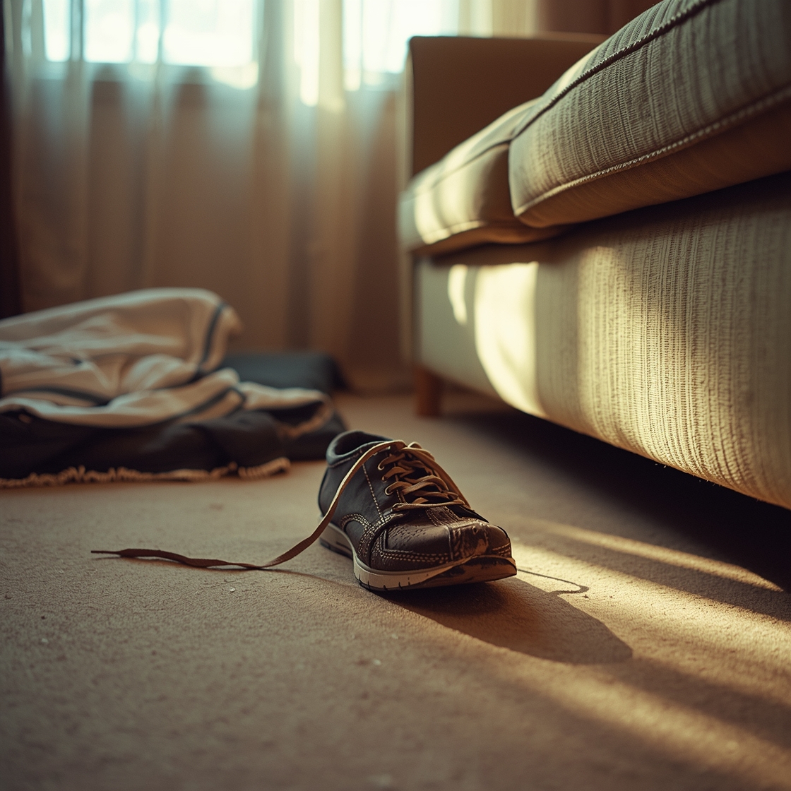 Damaged shoe on living room floor showing destructive chewing damage