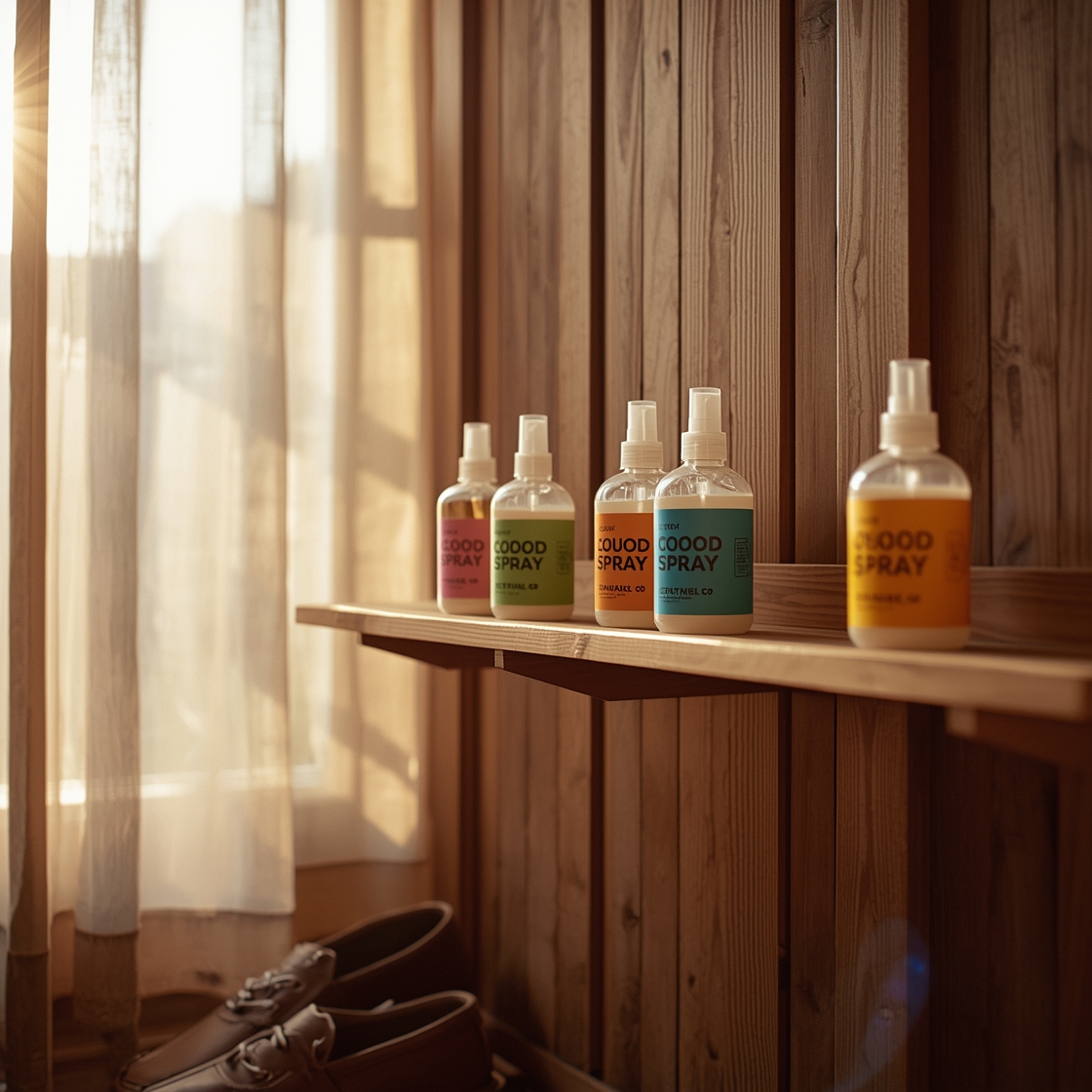 Five dog chew deterrent sprays on a wooden shelf