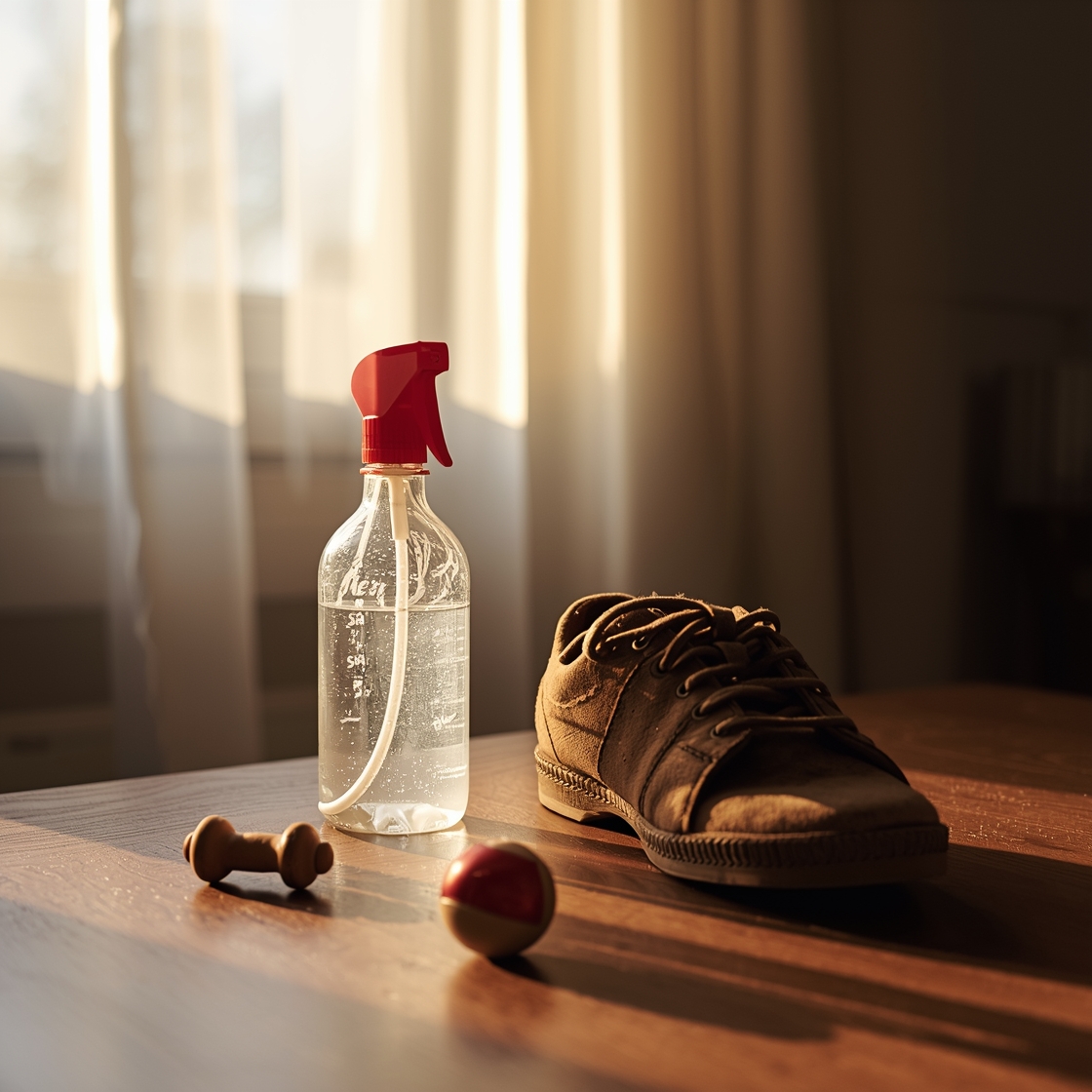 Dog chew deterrent spray bottle on a table with chewed shoe