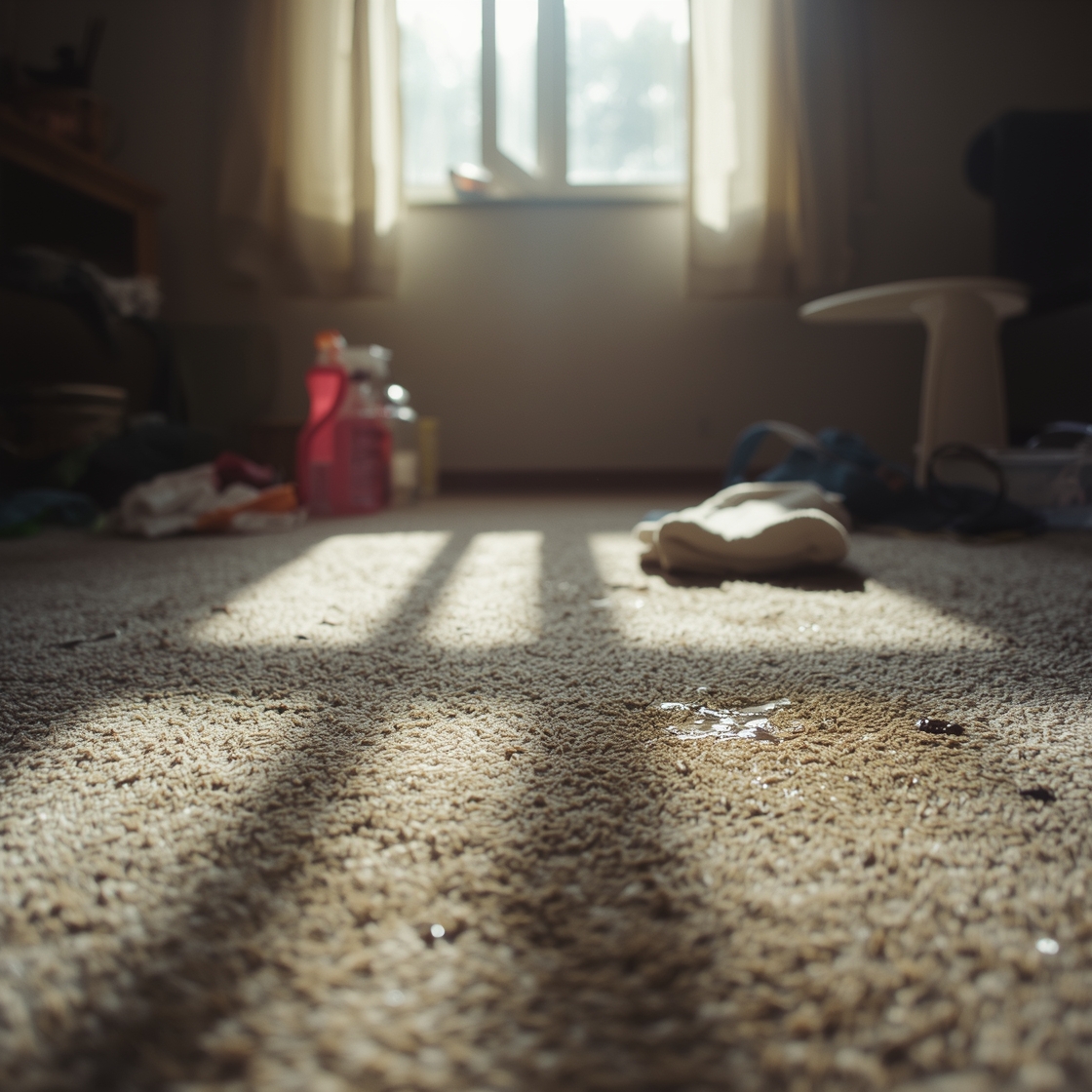 A messy living room carpet with pet stains and cleaning supplies