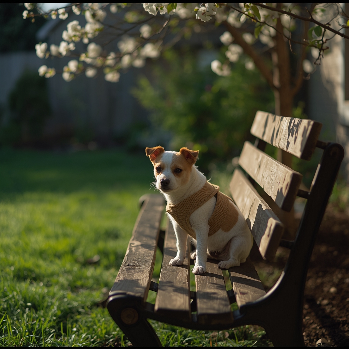 Small terrier mix in a padded dog harness on a wooden bench
