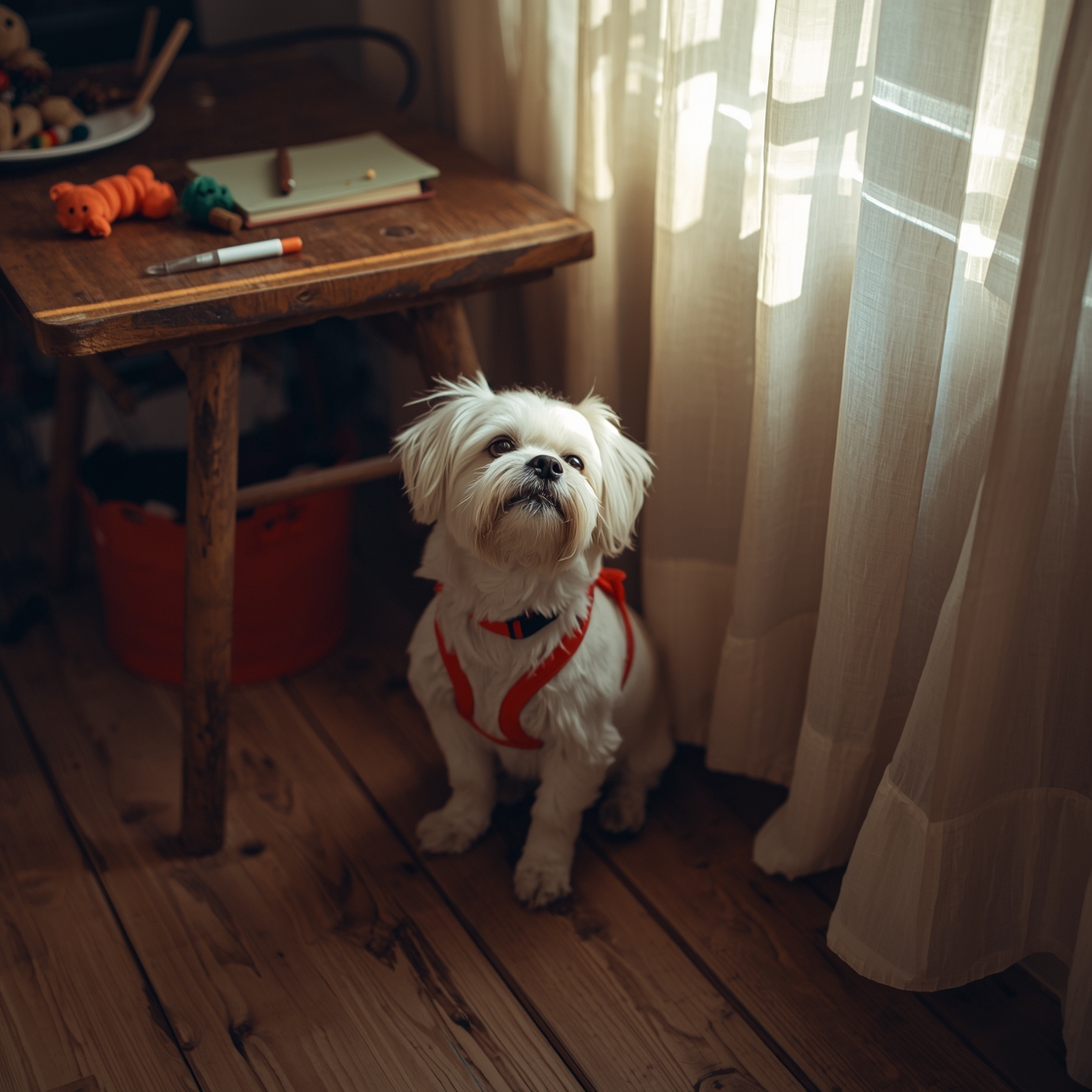 Small white dog in red harness on wooden floor beside table