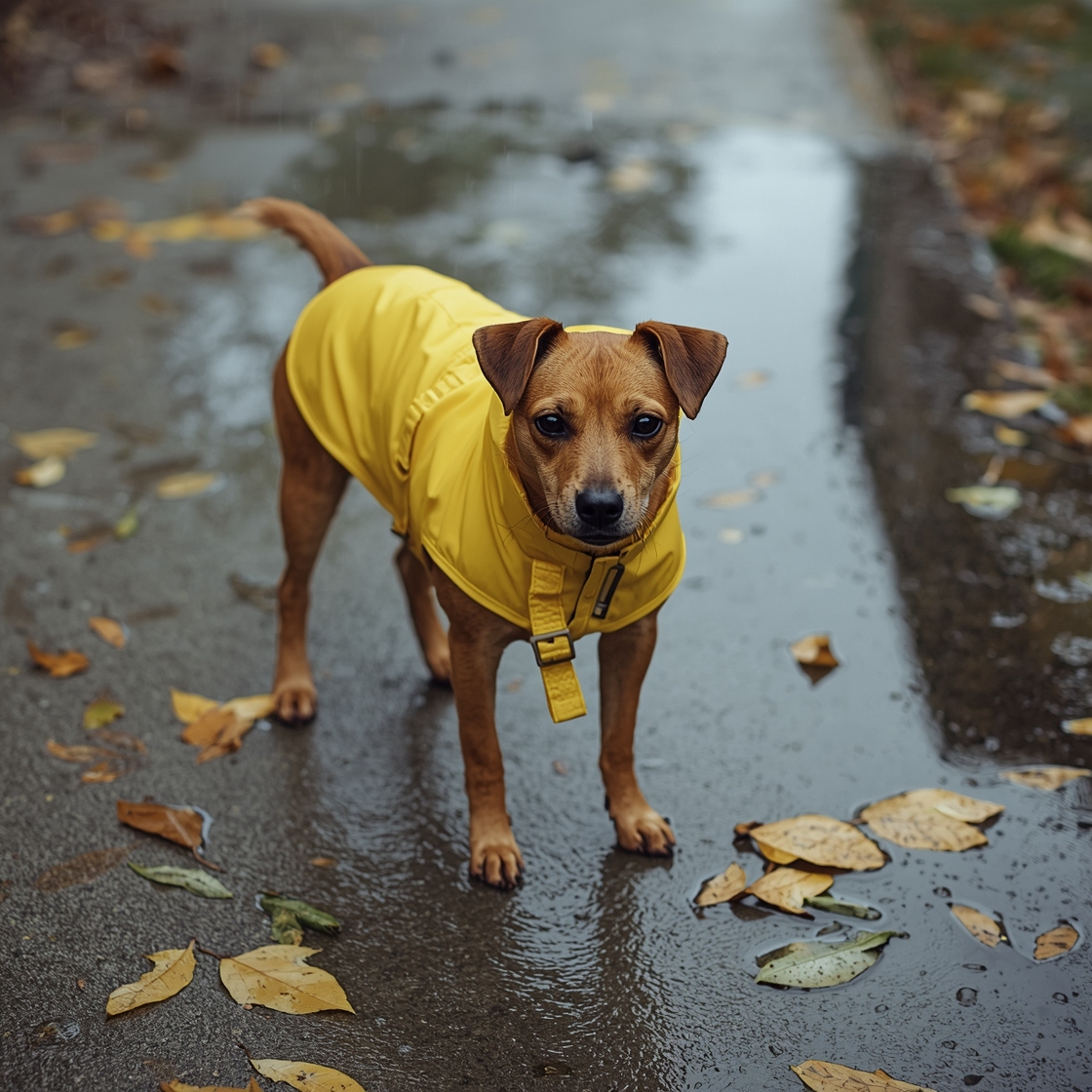 A small brown terrier in a yellow raincoat on a wet sidewalk