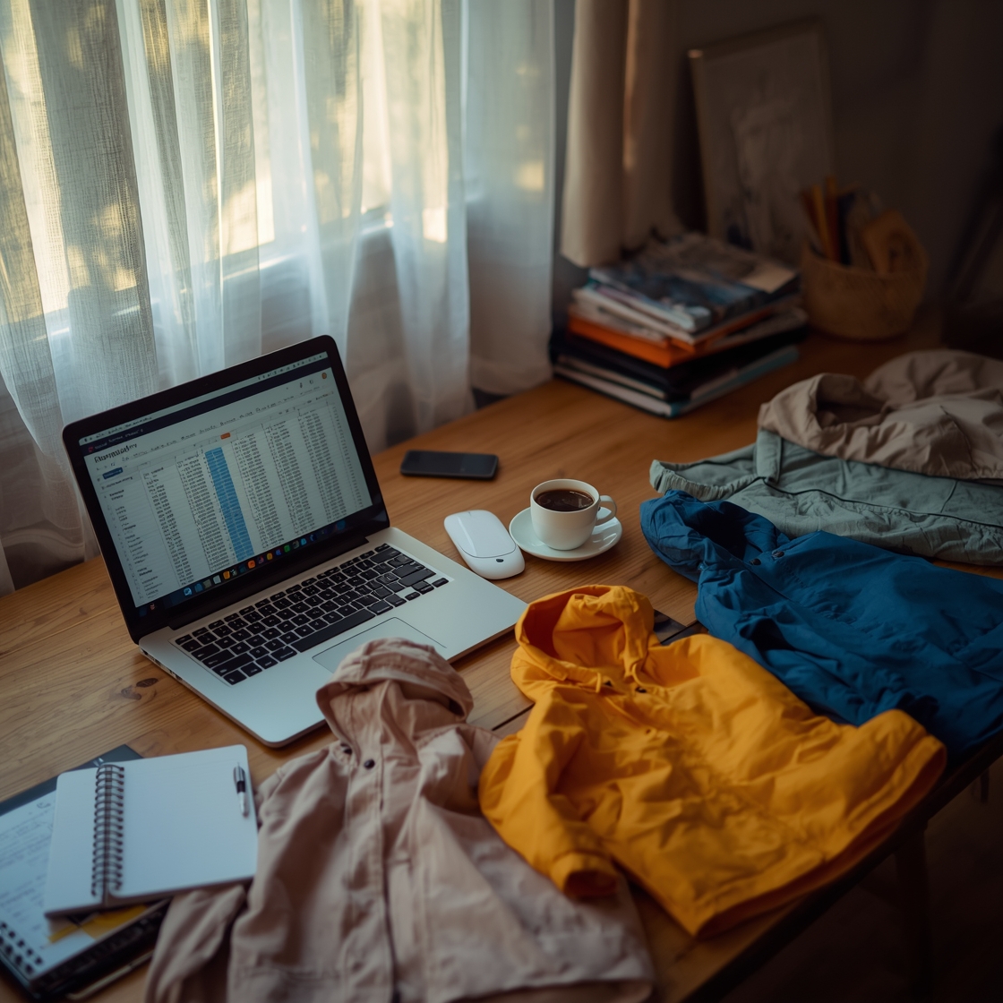 Workspace with dog raincoats and laptop for comparison review
