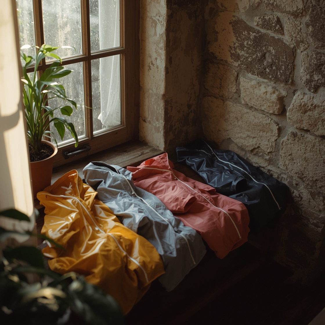 Dog raincoats in various price ranges on a wooden bench