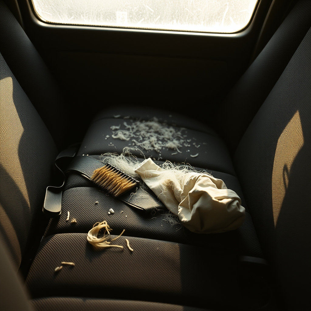 pet hair on car seat upholstery with removal tools nearby